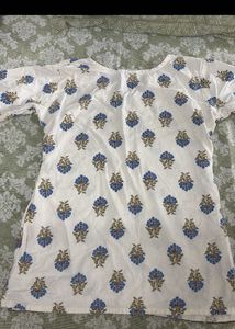White Kurta with Blue Floral Print