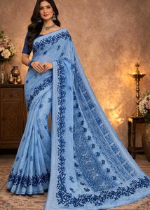 🇳🇿💫🎀Elegant Sky  Saree with Intricate Blu