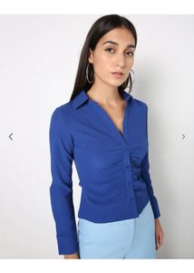Fitted Blue Ruched Button-Down Top Shirt