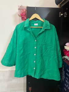 Vibrant Green Button-Up Shirt and Bottom Set