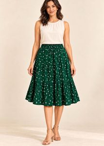Green with White daisy Midi Skirt