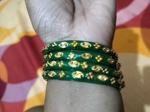 Set of 4 Green Bangles with Gold Embellishments