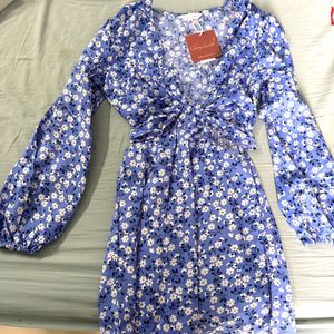 Blue Floral Twist Cut-Out Dress
