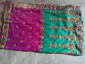 Fancy Teal &amp; Pink Saree with readymade Blouse