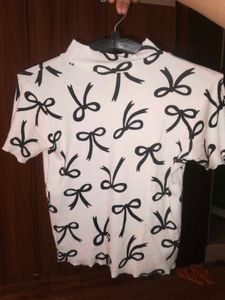 Chic Bow Print Mock Neck Top