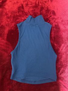 Blue Ribbed Mock Neck Top