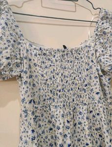 h&amp;m floral white and blue detailed tie dress