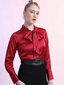 Elegant Red Satin Bow Blouse