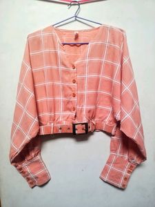PINK BALLOON SLEEVES CROP TOP WITH BELT