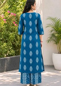 Teal Blue Printed Kurta with Palazzo Set