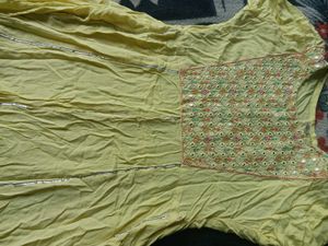 Yellow Anarkali Kurta with Mirror Work