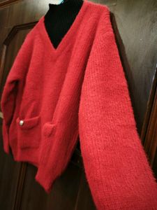 Chic Red Knit Sweater with Pockets