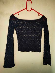 Black Lace Off-Shoulder Long Sleeve Top