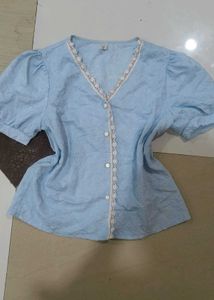 Light Blue Lace Trim V-Neck Blouse