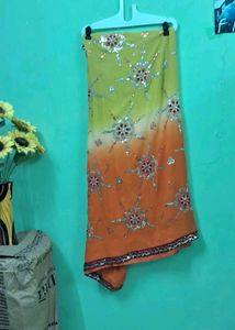 Vibrant Orange &amp; Yellow Embellished Saree
