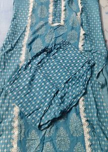 Teal Printed Kurta Set with Lace pure cotton 100%