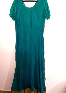 Teal &amp; Golden Peacock Green Anarkali Ethnic Gowns