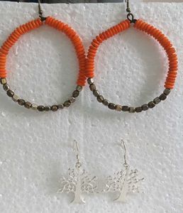 Boho Orange Hoop Earrings & Tree Dangles