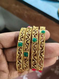 Traditional Gold Tone Bangles with Green and red S