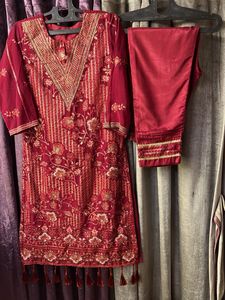 Red Embroidered Kurta Pant Set