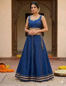 Blue & Gold Skirt With Crop Top