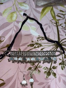 Oxidized Silver Mirror Work Choker Set