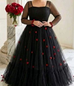 Elegant Black Tulle Gown with Red Roses