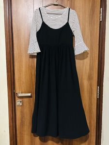 Striped Sleeve Dress with Black Overlay