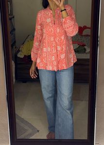Coral &amp; White Printed Kurta