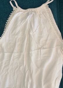 White Halter Neck Top with Pom-Pom Trim