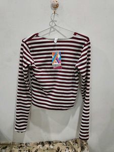 Maroon &amp; White Striped V-Neck Top..M size
