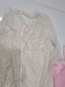 Sheer Lace Blouse &amp; Pink Feather Cami Set