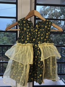 girls Floral Gown with Yellow Ruffle Trim