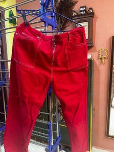 Red High-Waisted Zipper Jeans