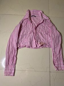 Pink Striped Cropped Button-Up Shirt