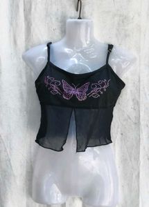 Black Butterfly Rhinestone Mesh Top