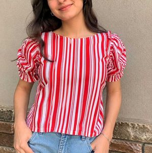 Red & White Striped Puff Sleeve Top