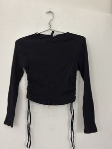 Black Ribbed Ruched Long Sleeve Top