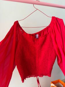 Red Sheer Sleeve Ruched Top