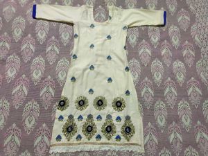 Elegant Cream Kurta Set with Blue Dupatta