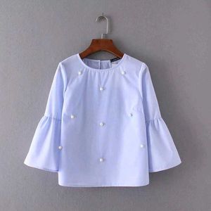 Zara Cute Pearl Embellished Bell Sleeve Top