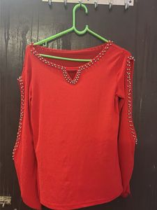 Stylish Red Embellished Cold-Shoulder Top