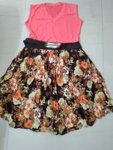 Coral V-Neck Floral Print Dress with Belt