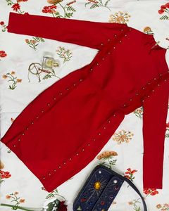 Red Studded Long Sleeve Mini Dress