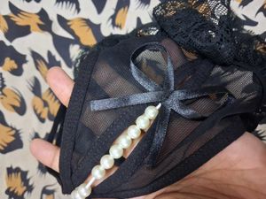 Elegant Black Lace Thong with Pearl Detail