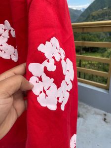 tear denim Red Hoodie with rubber puff