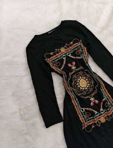 Y2k Black Dress with Ornate Print