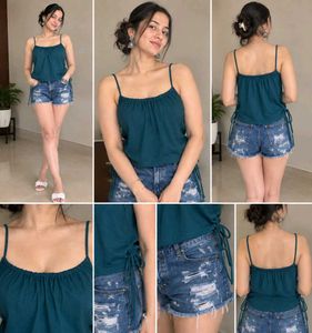 Distressed Denim Shorts & Teal Camisole Set