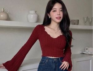 Chic marron Ribbed Flare Sleeve Top