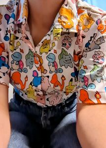Cute Pokemon Print Button-Up Shirt